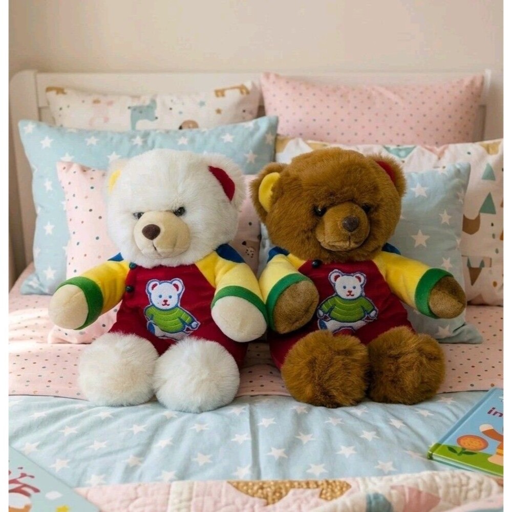 Vtg Walmart Teddy Bear Plush Set White Brown 17" Primary Color Retro 90s Kidcore